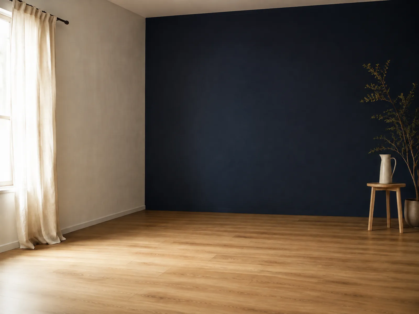Een rustige studio met houten vloer, een gordijn en daglicht van links