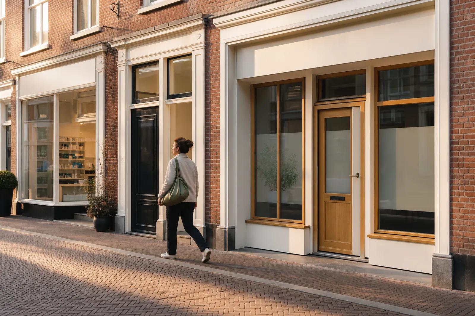 Een persoon loopt langs gevels in een Nederlandse straat